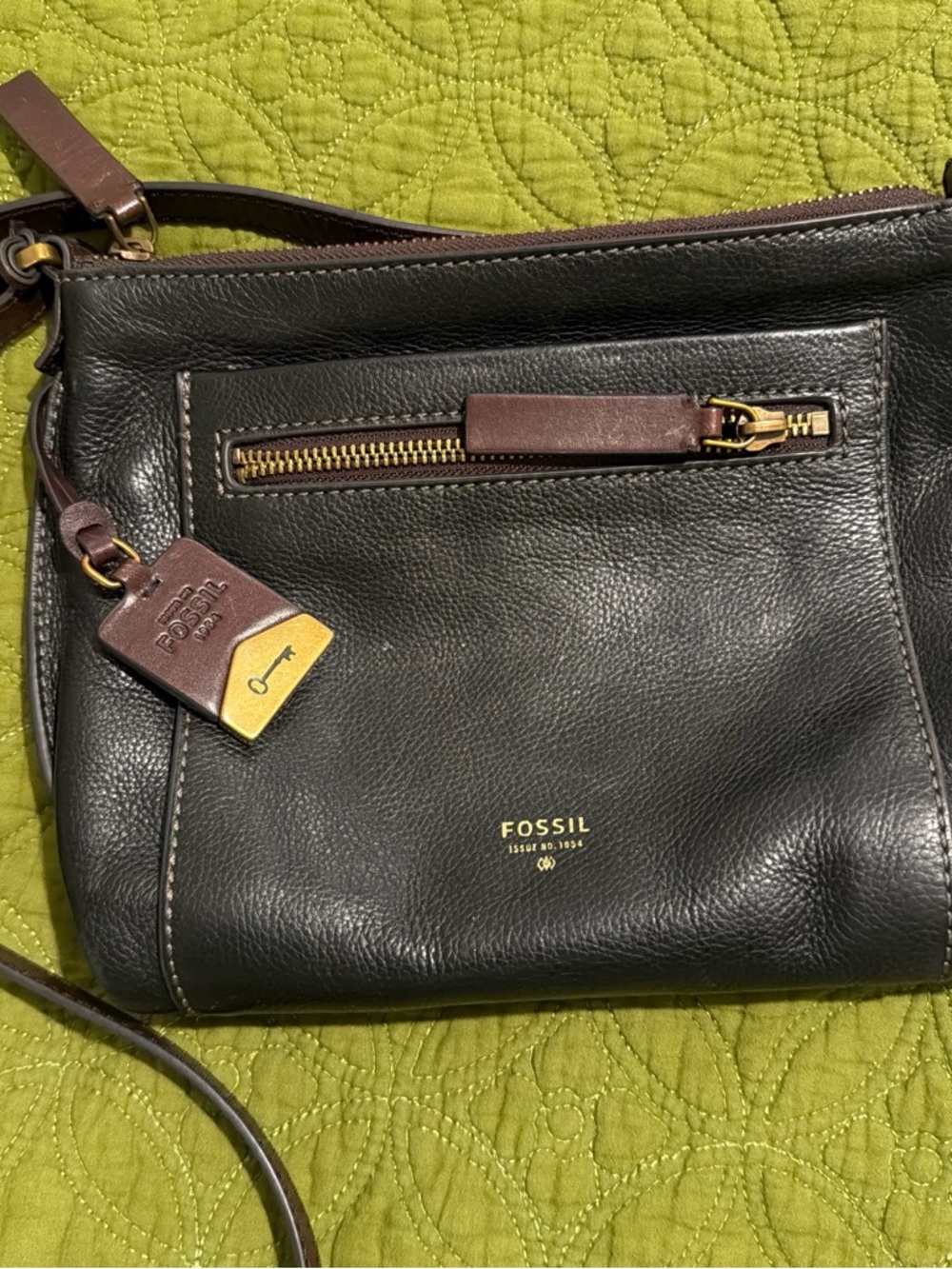 Fossil Black Leather Crossbody with Brown Trim and Gold Hardware